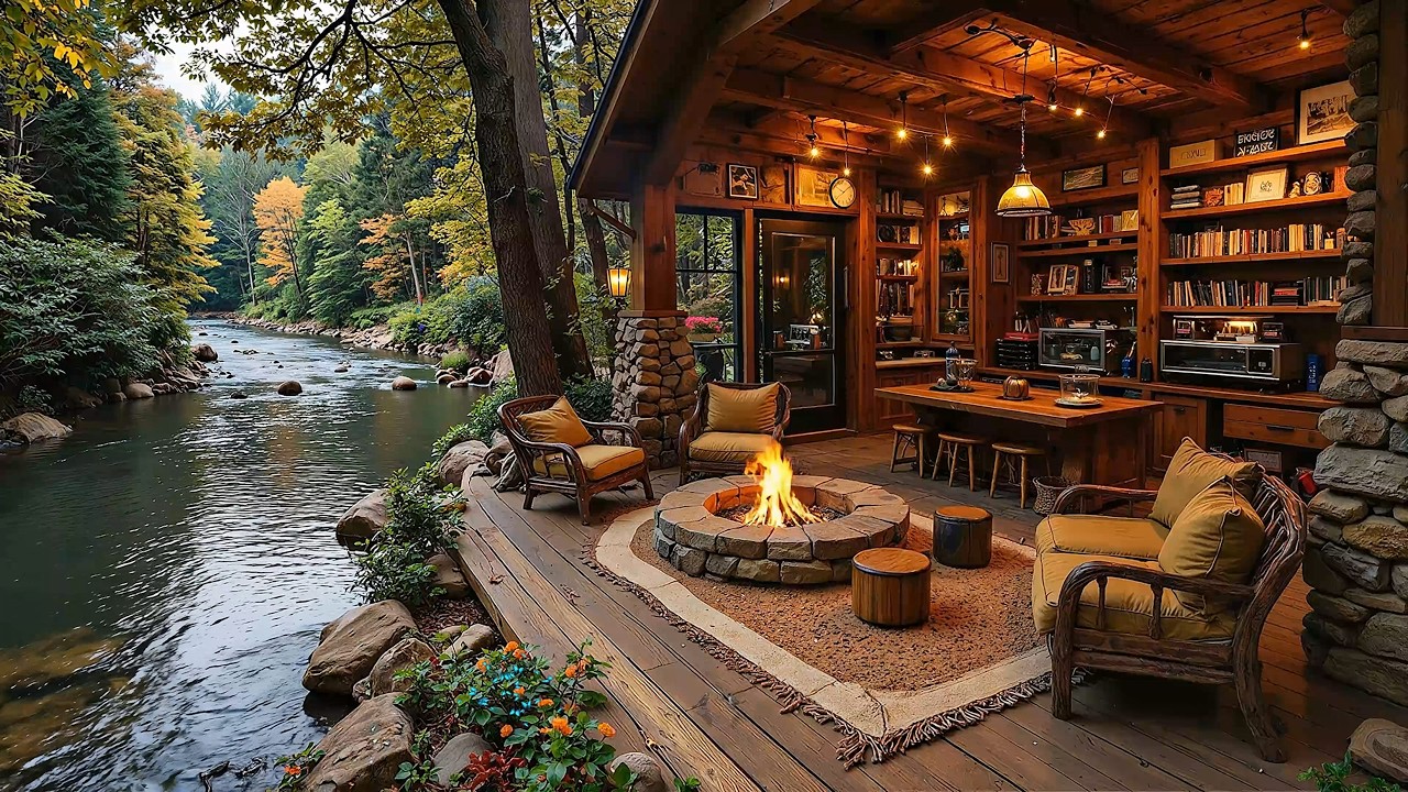 Soothing Piano Music Riverside Porch in Woods 🌺🔥 Crackling Fire Pit & Birdsounds to Study, Work