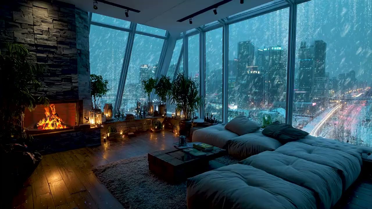Downtown winter night | soft snow city lights and cozy silent air for rest and relaxation