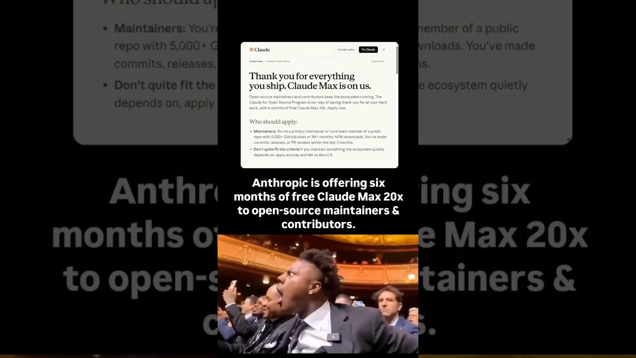 Anthropic is giving 6 months of free Claude Max 20x to open-source maintainers and contributors.