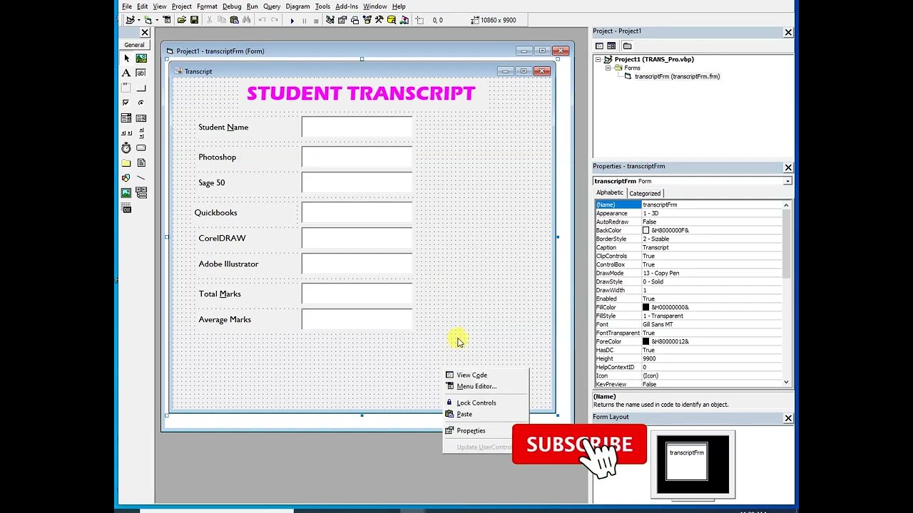 Create a Transcript User Interface and code in VB 6.0 | Store Data in Database and retrieve