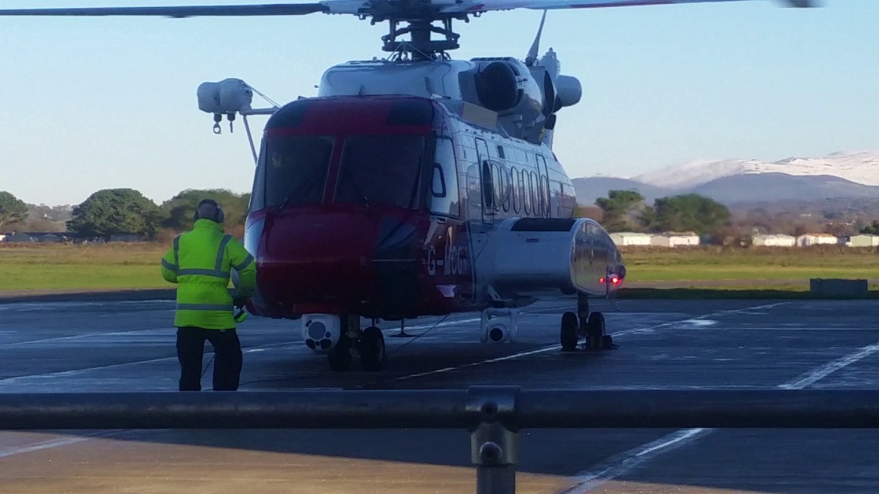 Start up and take off at Caernarfon Airport of the Search & Rescue Bristow 26/11/2016
