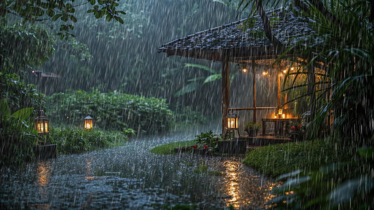 Sitting on the porch in the heavy rain | Natural forest rain sound, rain on the wooden roof