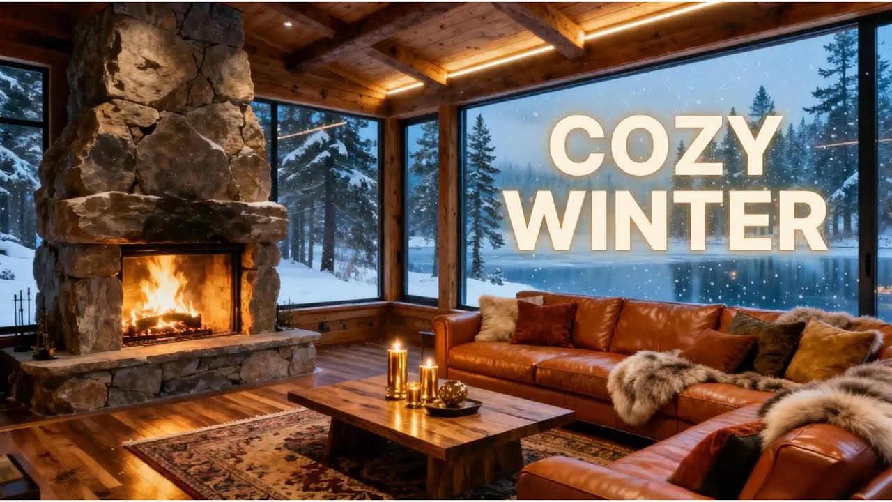 Cozy Fireplace & Smooth Jazz 🔥 3 Hours Luxury Winter Cabin Ambience | Crackling Fire & Snowfall 4K