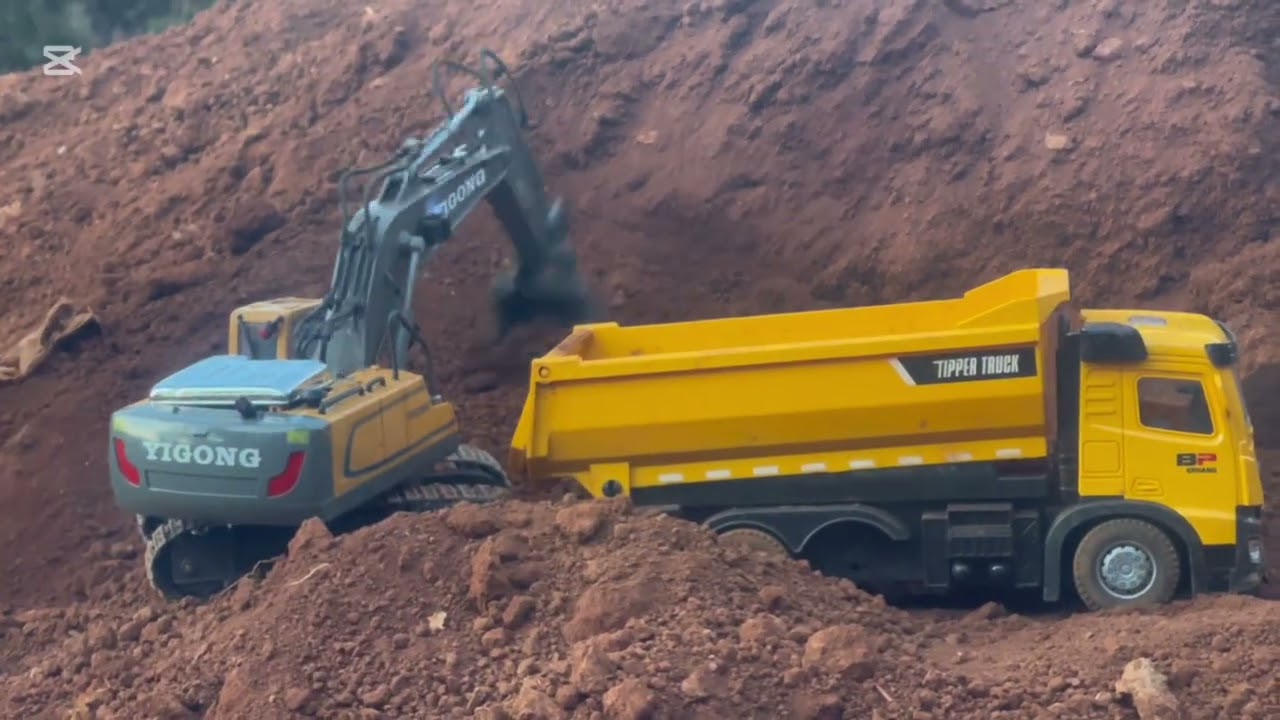 Nice excavator working in the evening 