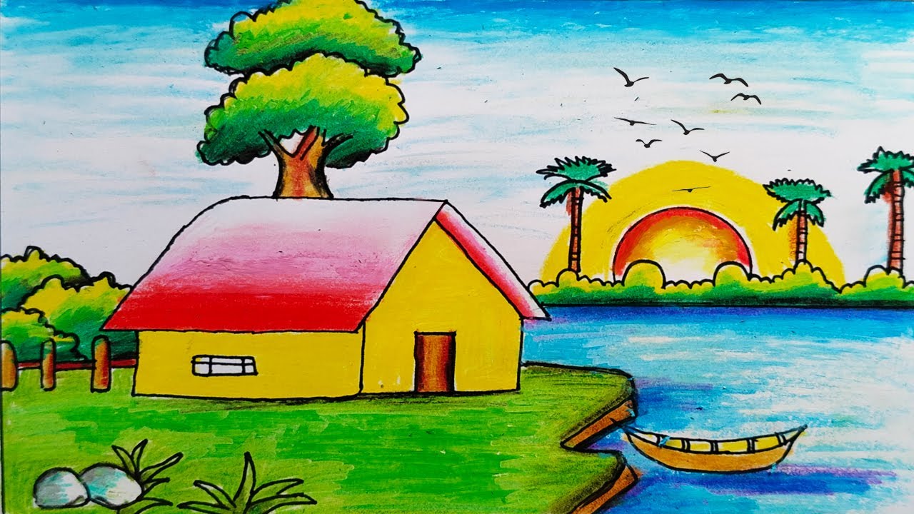 How to Draw Village Scenery Easily || Oil Pastel + Colour Pencils Step by Step