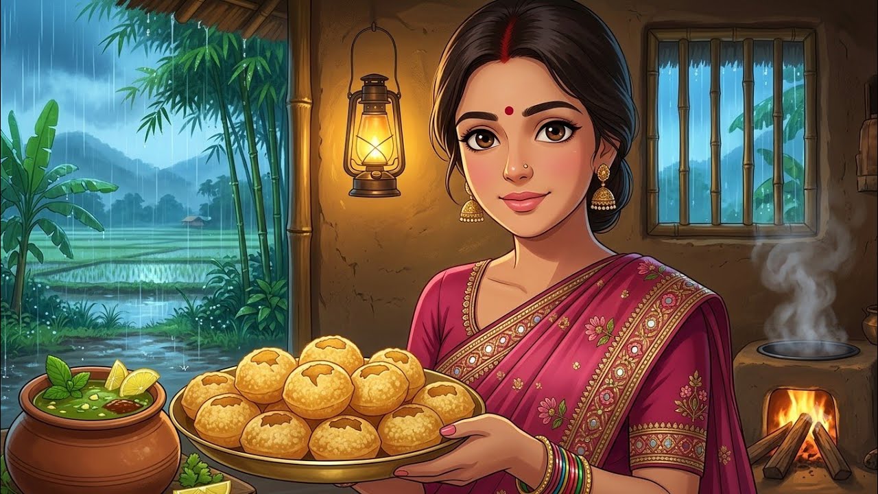 Village Life 🌧️ Homemade Pani Puri Recipe❤️ | Cozy Ghibli Cooking ASMR | Rainy Village Life #ghibli 