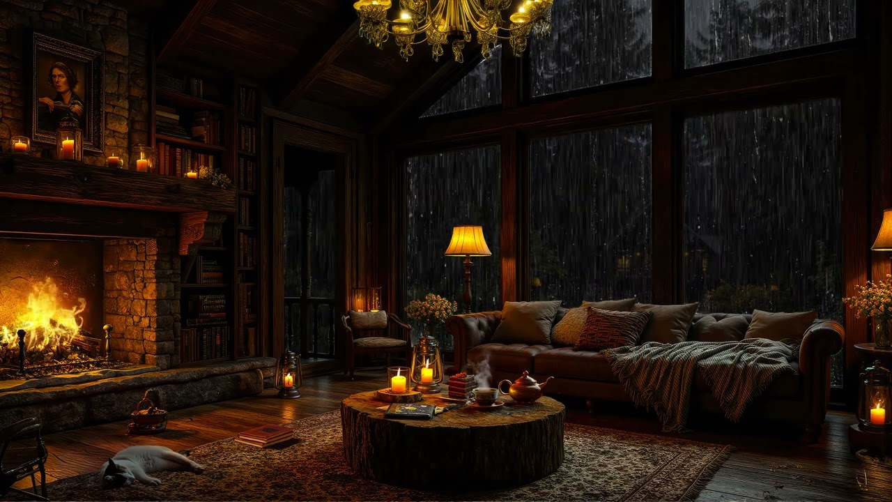 Rainy Jazz Cabin Ambience 🌧️🔥 Smooth Jazz Instrumental Music & Fireplace for Work, Study