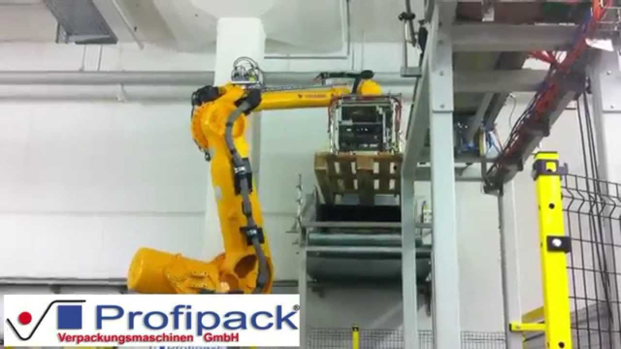 M&uuml;sli Palettierung von zwei Verpackungsanlagen mit Knickarmroboter von Profipack