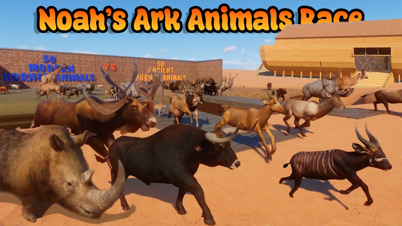 50 Modern VS 50 Ancient Horned Animals Race in Noah's Ark Planet Zoo included Cow, Buffalo, Deer