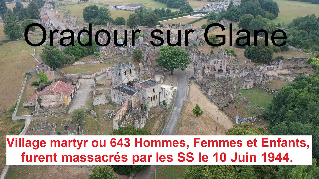 Vidéo aérienne par drone d'un village martyr en Haute-Vienne, Oradour sur Glane (version courte)