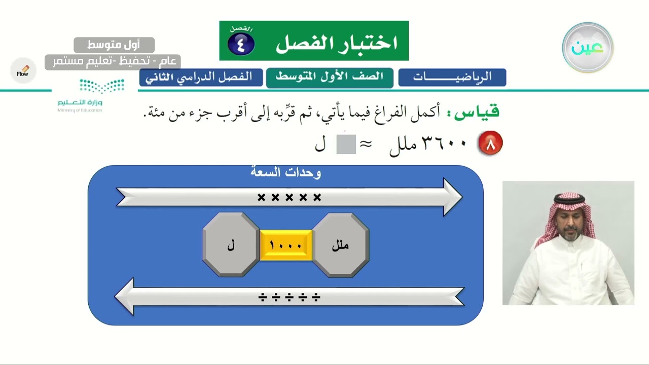 اختبار الفصل ( الفصل 4 ) - الرياضيات - أول متوسط