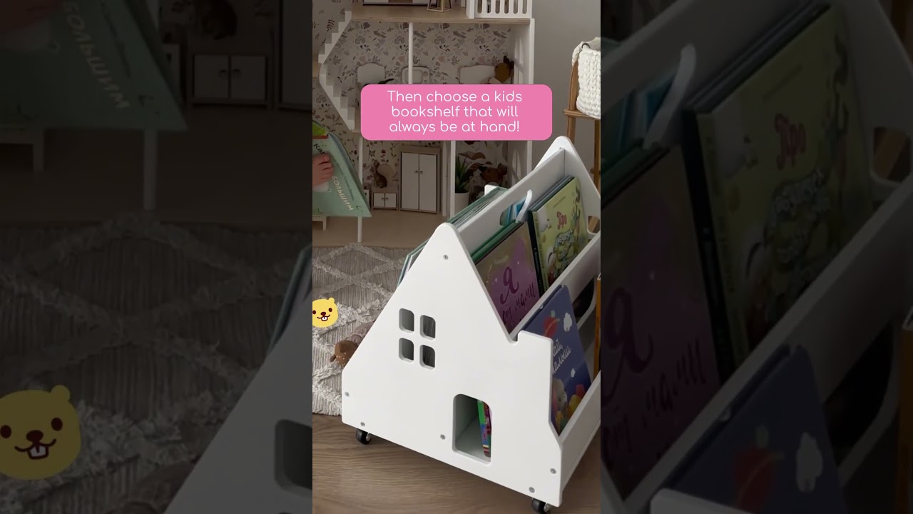 House shaped bookshelf on wheels #Montessori #bookstorage #childrensroom #kidsfurniture #GiftForKids