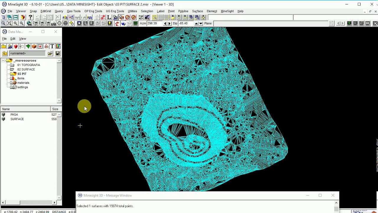 minesight - topo - surface - pit - contorno - vías - equipo