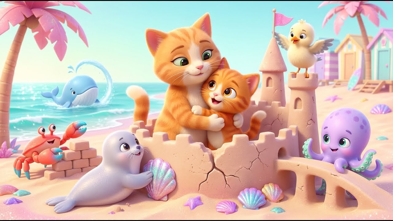 Кошка-мама и котенок спасают пляжный замок из песка 🏖️🐚 Нежное океанское ASMR-приключение для детей