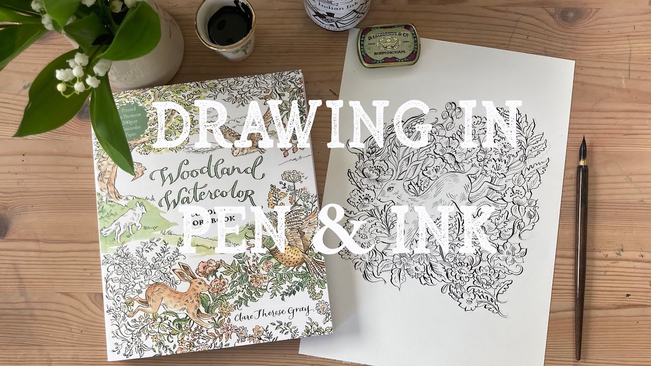 Drawing in pen & ink from my new ‘Woodland Watercolor’ colouring book