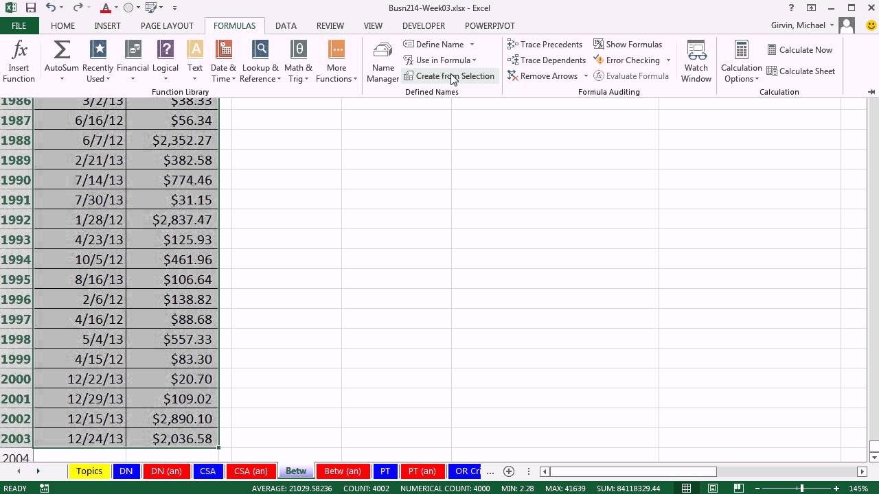 Highline Excel 2013 Class Video 10: AND & BETWEEN Criteria: SUMIFS, DSUM, COUNTIFS, AVERAGEIFS