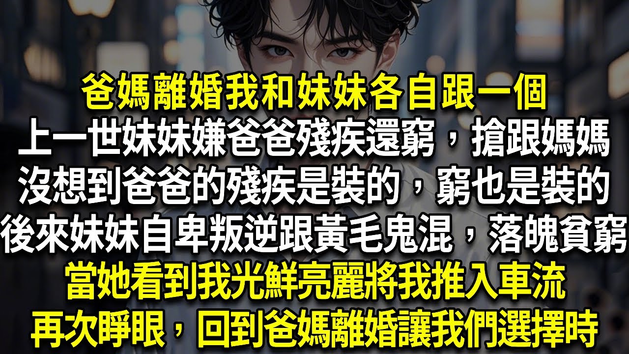 爸媽離婚我和妹妹各跟一個上一世妹妹嫌爸爸殘疾還窮，搶跟媽媽沒想到爸爸的殘疾是裝的，窮也是裝的後來妹妹自卑叛逆跟黃毛鬼混，落魄貧窮當她看到我光鮮亮麗將我推入車流再次睜眼，回到爸媽離婚讓我們選擇時