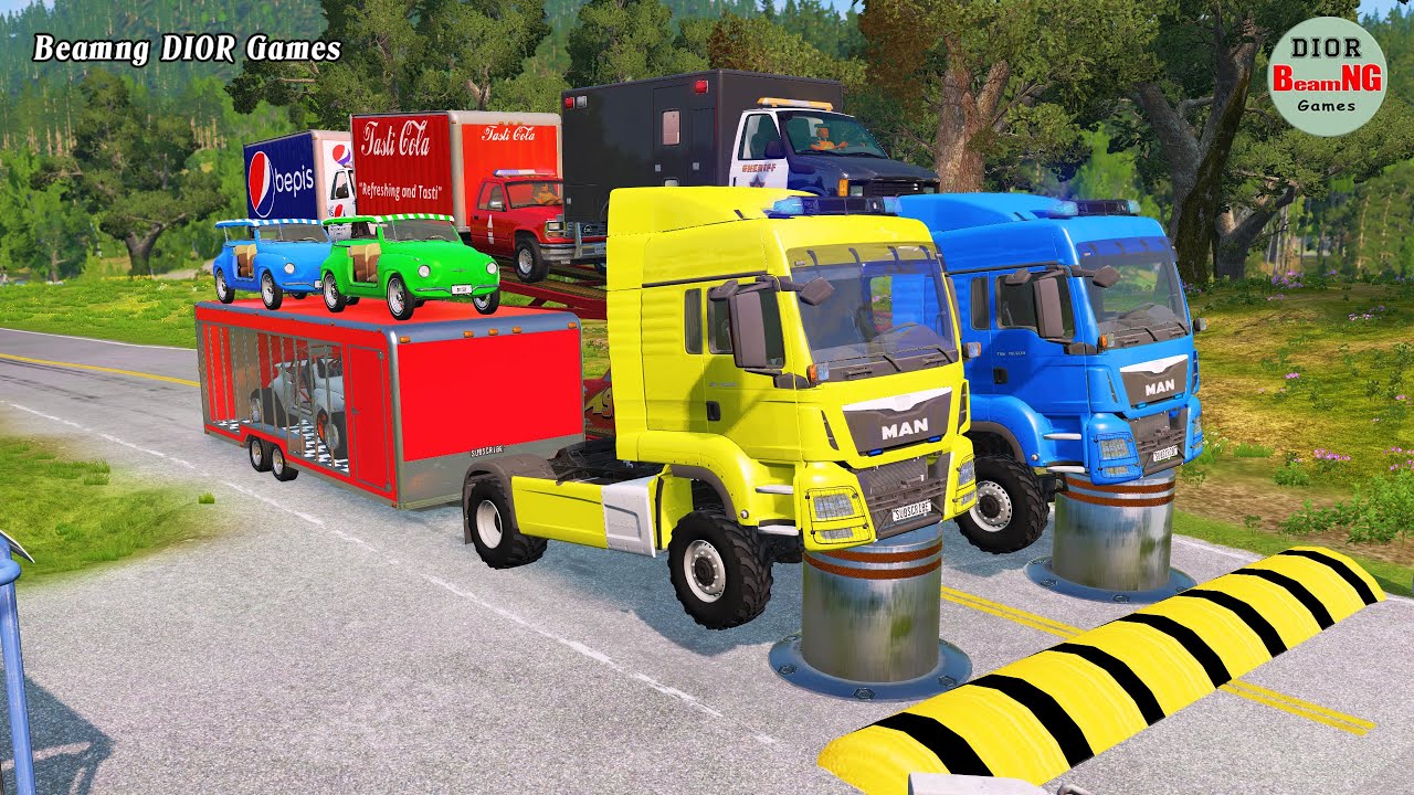 Double Flatbed Trailer Truck vs speed bumps|Busses vs speed bumps|Beamng Drive|870