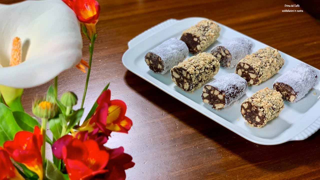 SALAMINI DI CIOCCOLATO MONOPORZIONE CON COPERTURA DI MANDORLE E COCCO | Prima del Caffè