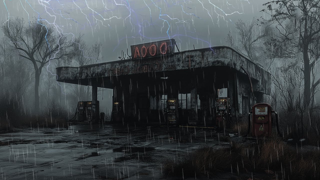 Abandoned Gas Station &ndash; Heavy Thunderstorm & Rain Sounds &ndash; Post-Apocalyptic Night Ambience for Sleep