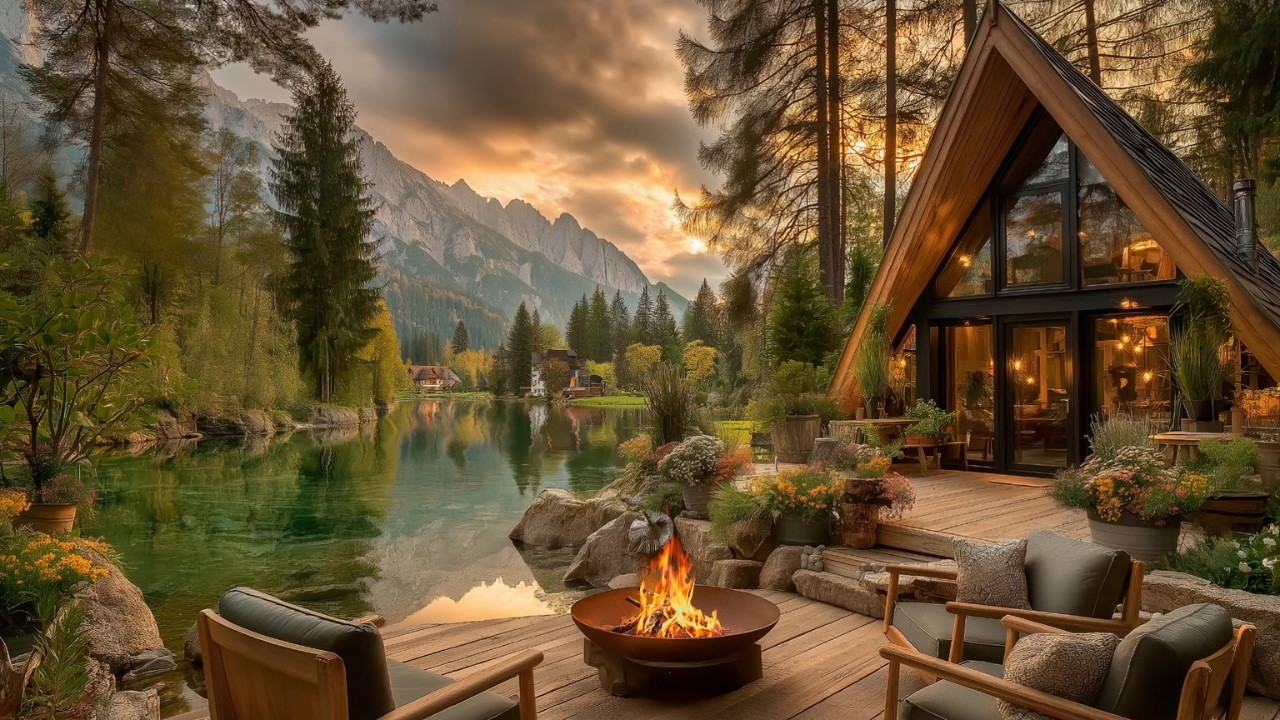 Lovely Spring Lakeside Cabin Ambience 🌸 Relaxing Firepit, Birds Chirping & Gentle Lake Sounds