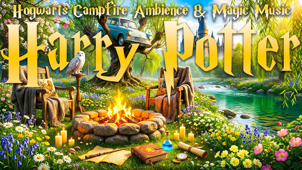 Magical Spring Riverside Campfire Ambience 🌸🔥 with a View of Hogwarts | Harry Potter Music