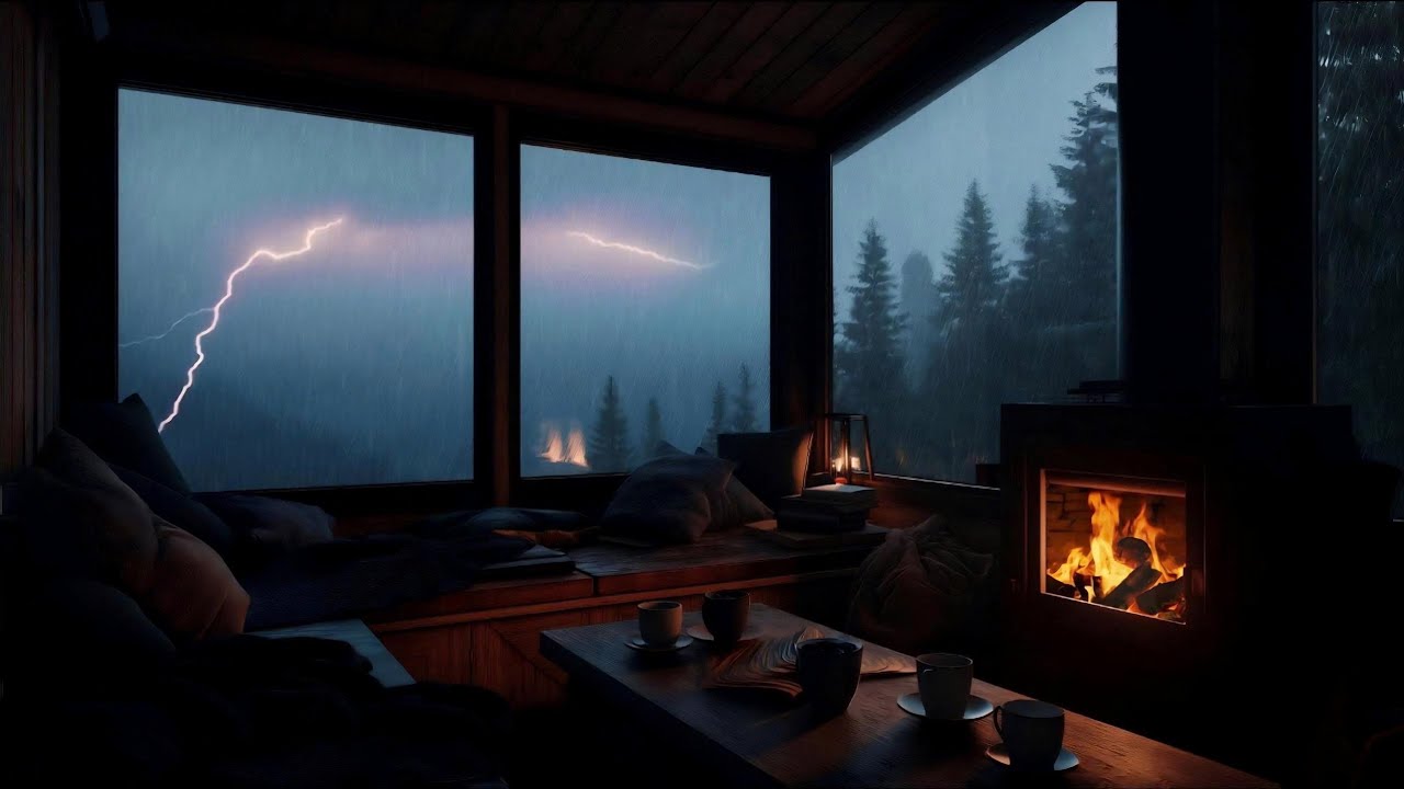 Rain, Thunder & Firelight • Cozy Cabin Window | Night Sleep Sounds “No Ads”