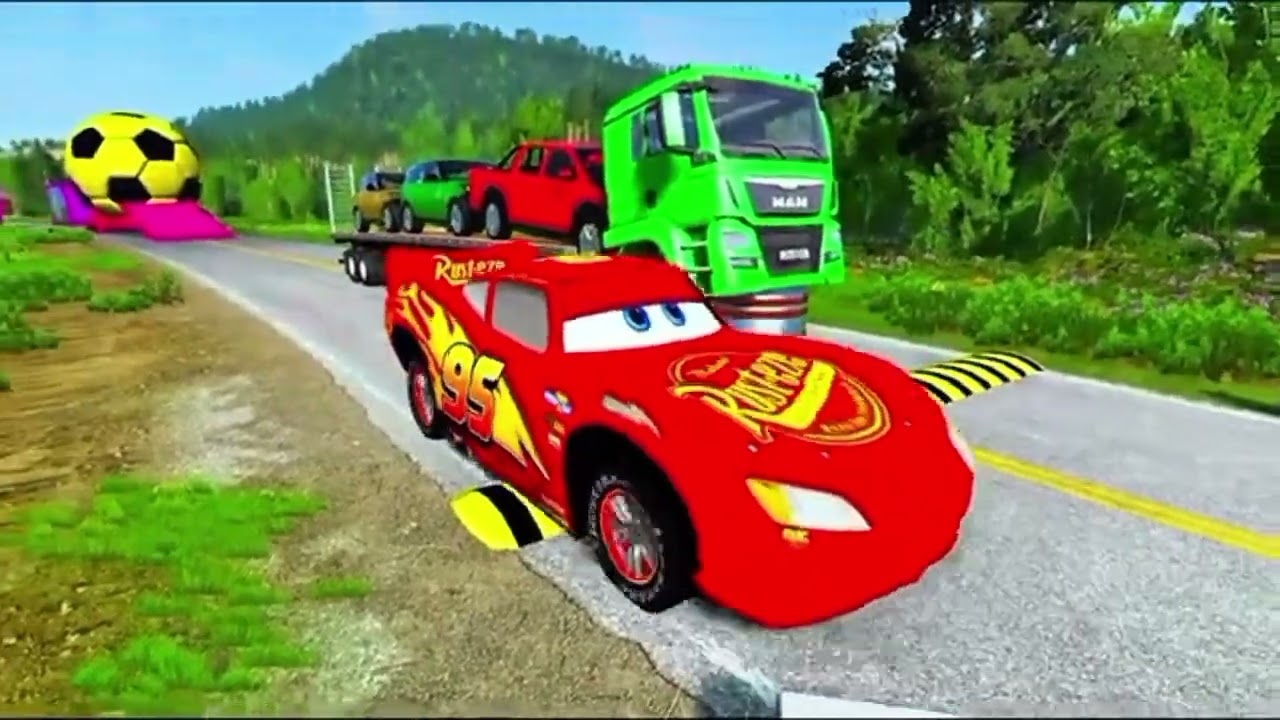 Double Flatbed Truck  / Transportation with Truck / MCQUEEN vs 7Car #01 / BeamNG Gao Drive 
