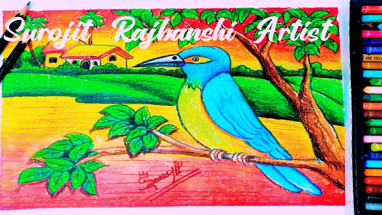 How to draw a beautiful  Bird and a village Scenery /Very easy drawing
