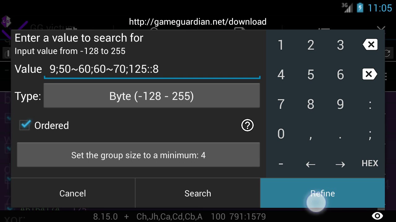 Example of usage range in group search - GameGuardian