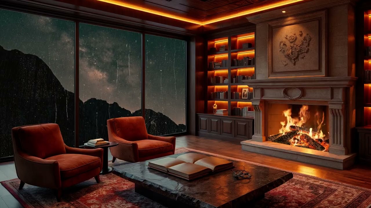 3 Hour City Lofi Mix - Night Skyline Focus Music with Fireplace Ambience