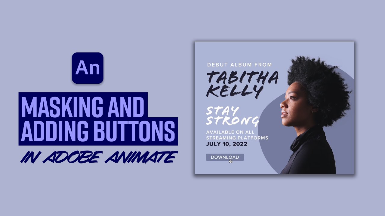 Learn how to create a text animation, set button actions in Adobe Animate