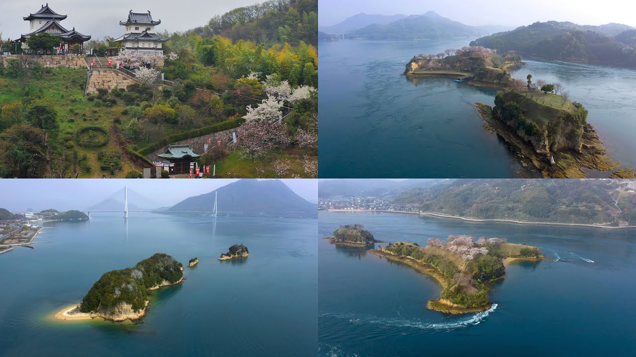 [4K]日本の城と桜:村上水軍の城、 因島水軍城、能島城、甘崎城 Japanese Castles & Cherry Blossoms:Murakami navy seafarers castles