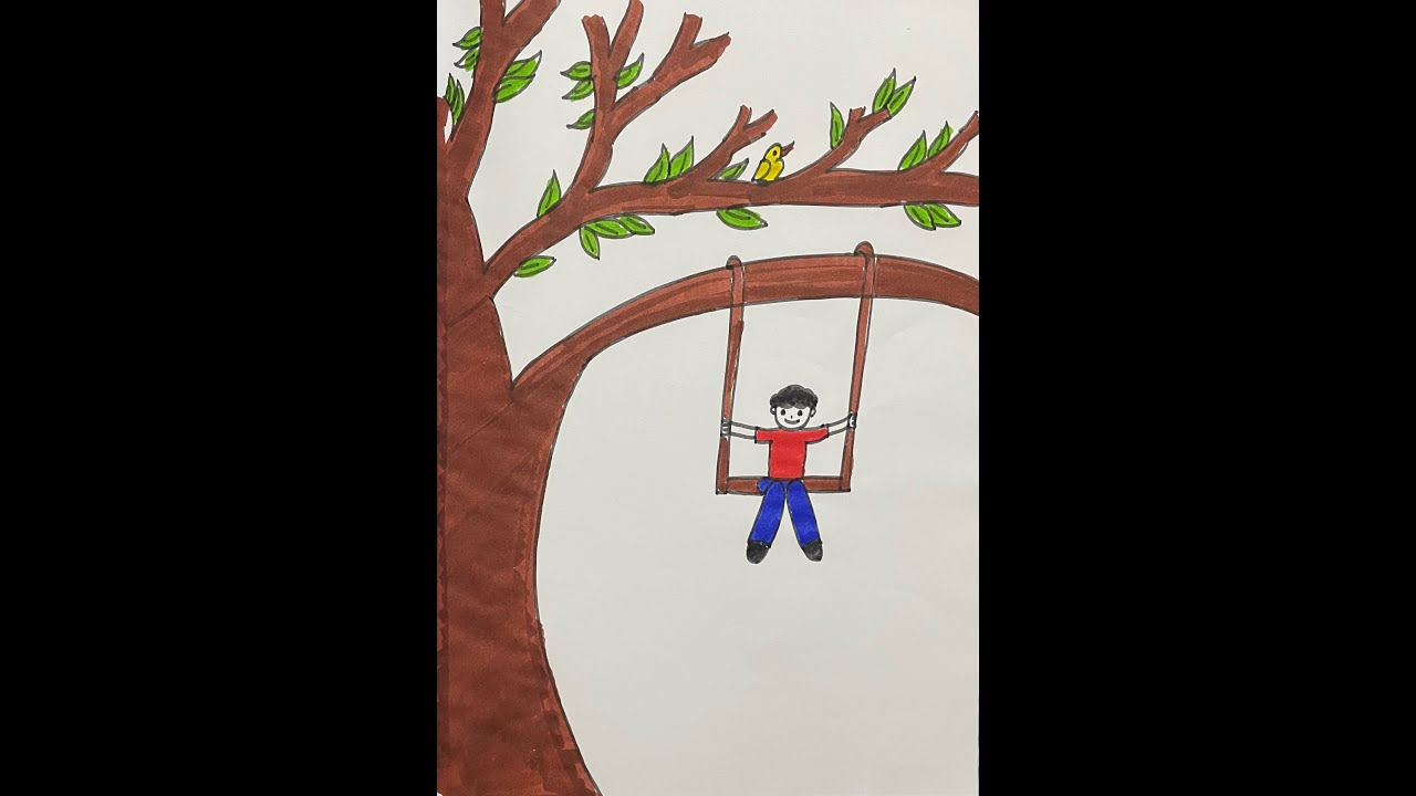 How to draw a Boy Swinging Under the Tree | Easy Scenery of a Tree with Swing