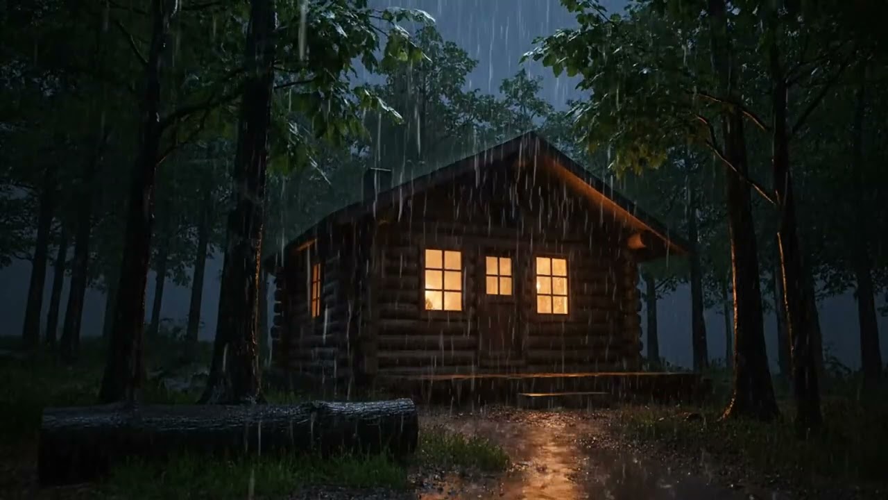 Night Rain on Cabin in Forest for Sleeping and Relaxing | Sleep with Rain Sound