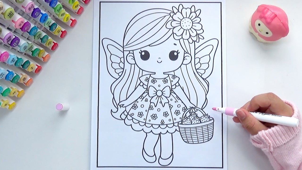 Cute Fairy with Strawberry Basket Coloring 🍓🧚‍♀️ | Satisfying Marker Art