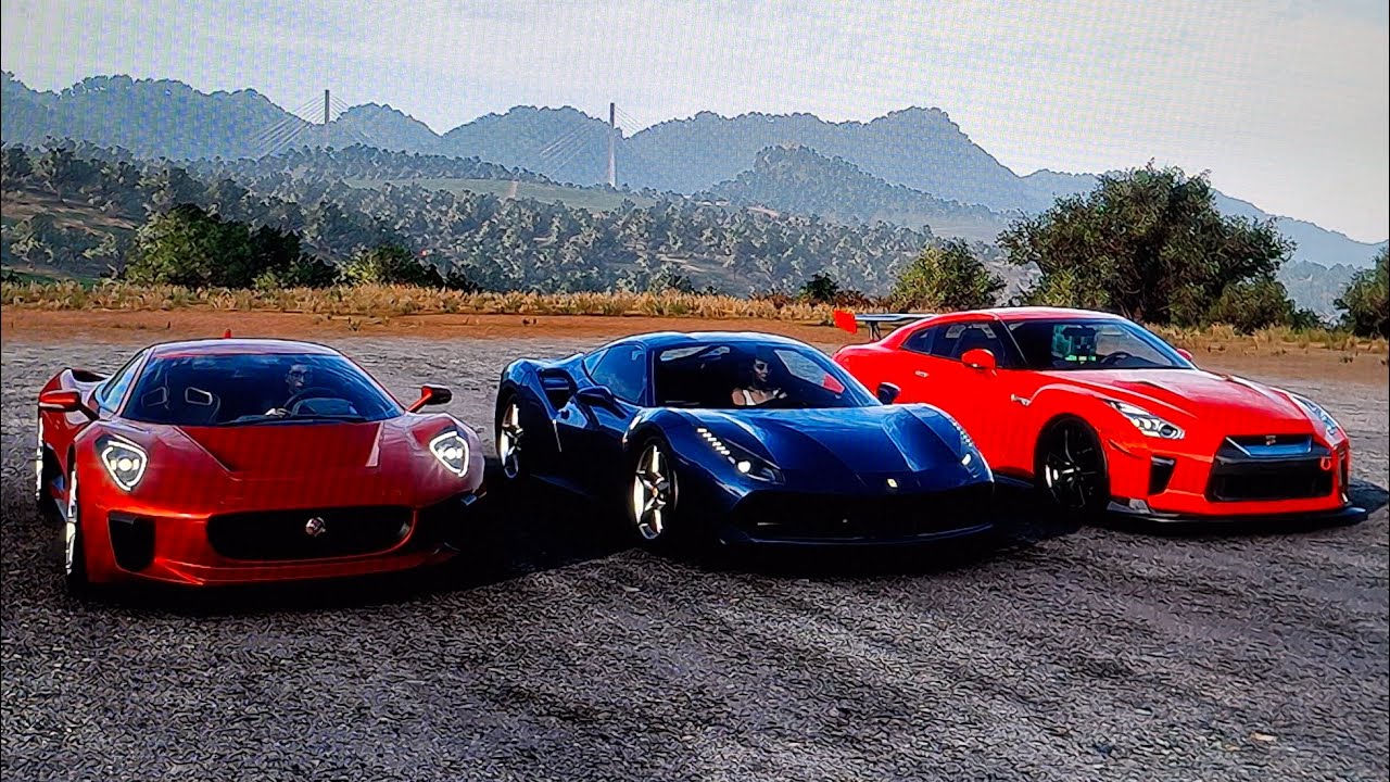Forza Horizon 5 drag race Jaguar CX-75 vs Ferrari 488 GTB vs Nissan GTR R-35 