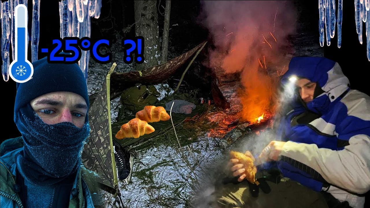 HOW TO SURVIVE COLD WINTER NIGHT IN THE FOREST WITHOUT A TENT? -25&deg;C! ENG SUB