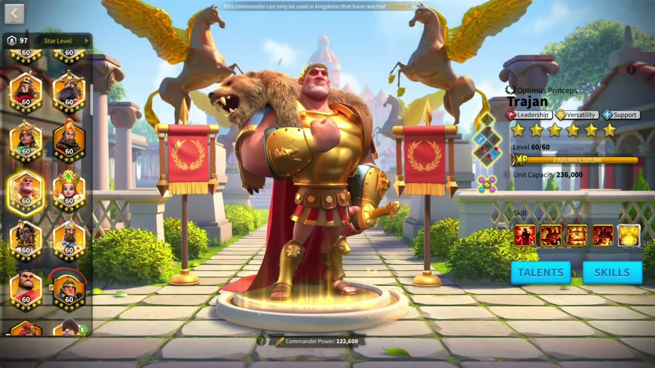 Trajan Full Commander Review in Rise of Kingdoms: Field Support Review 