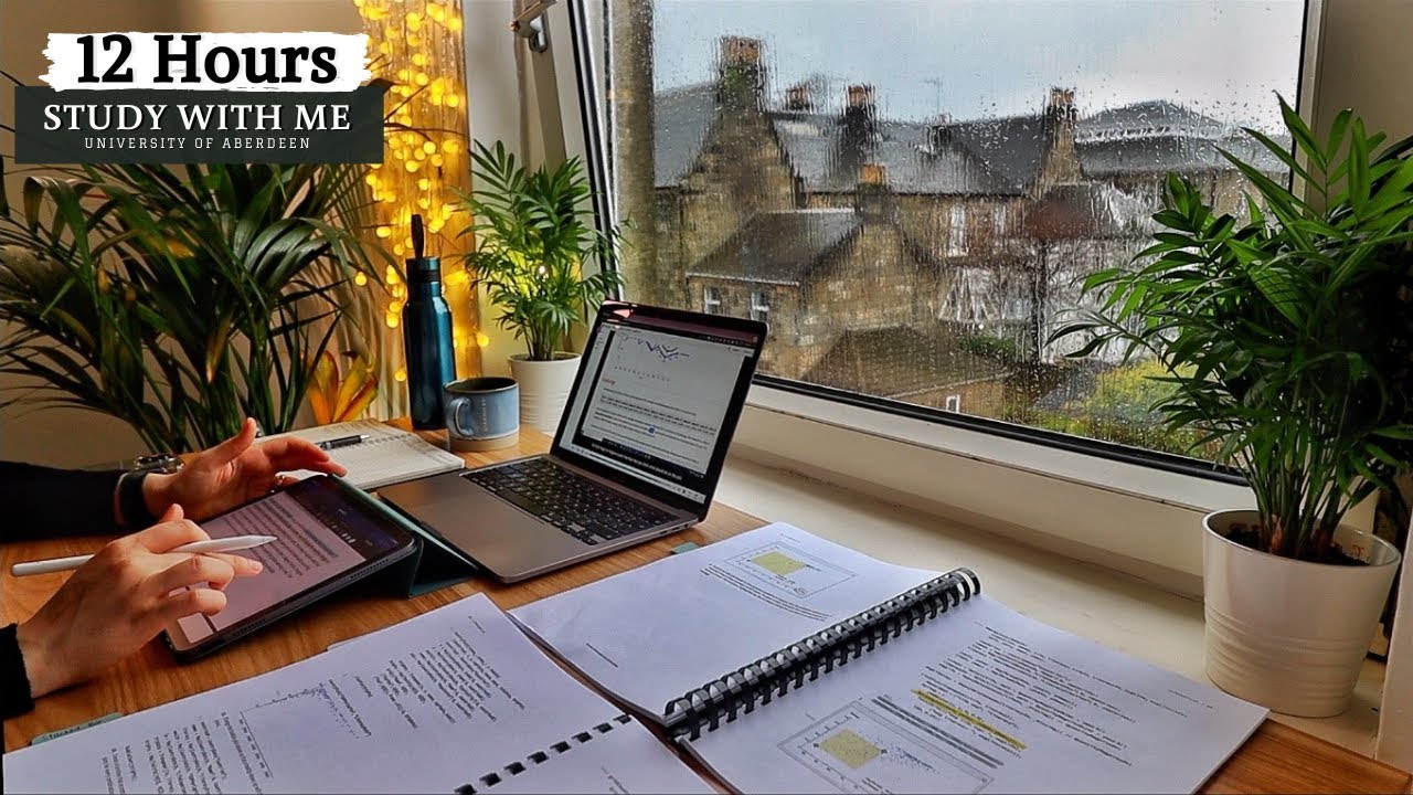 12 HOUR STUDY WITH ME on a RAINY DAY | Background noise, 10 min Break, No music, Study with Merve