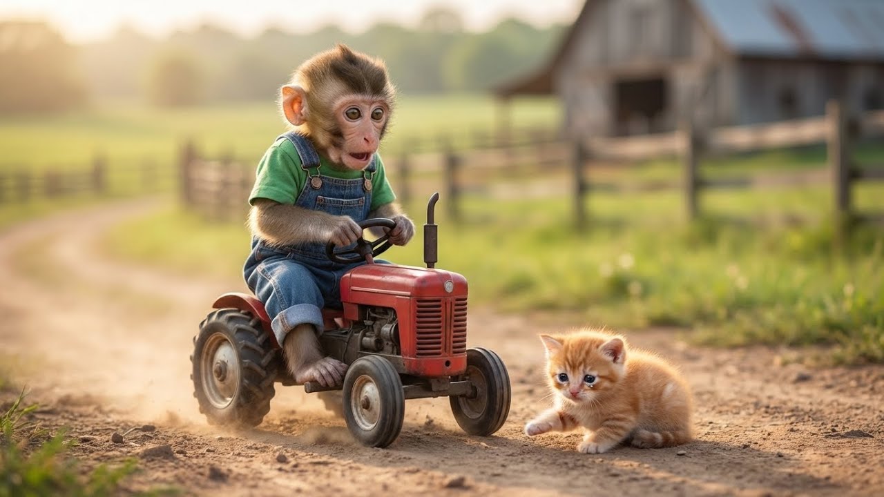 Baby Monkey Slams His Tractor to Save a Hurt Kitten on the Road! 🐒🚜🐱