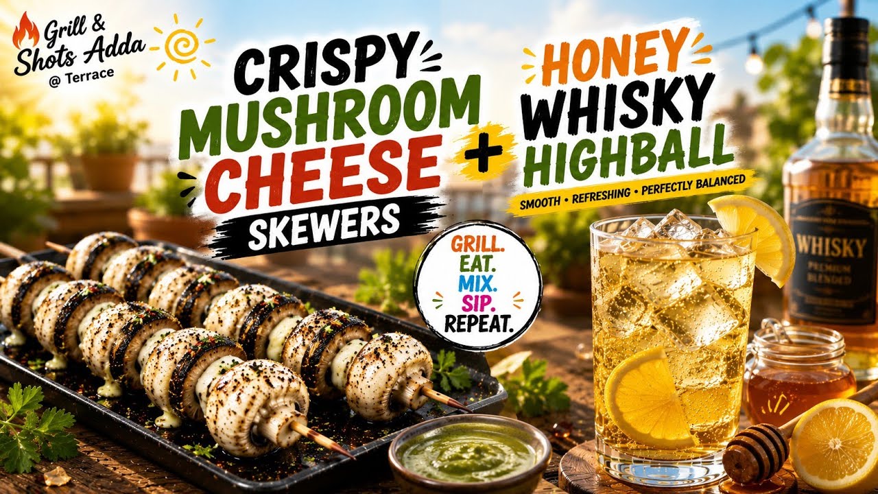 🔥 Crispy Mushroom Cheese Skewers & Honey Whisky Highball 🍄🥃 | Easy BBQ & Cocktail Recipe