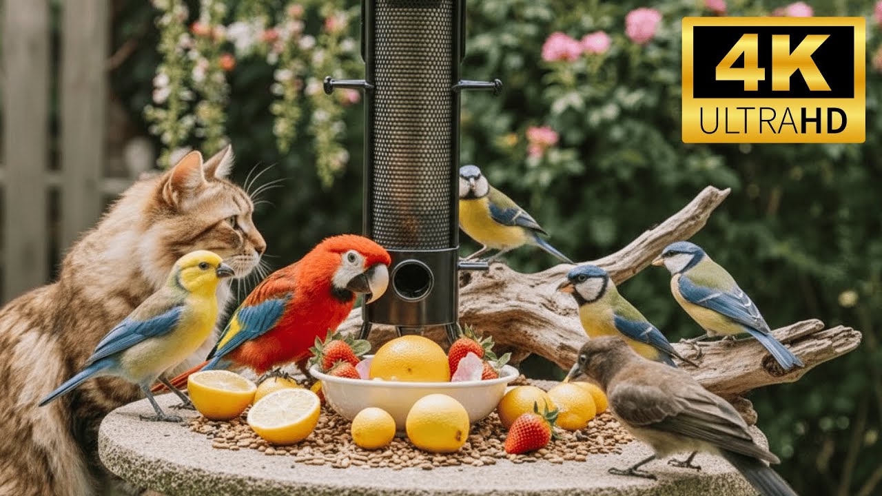 Cat TV for Cats to Watch 😺 Birds hop closer while a squirrel searches the ground 🐿 Cat Games 4K HDR