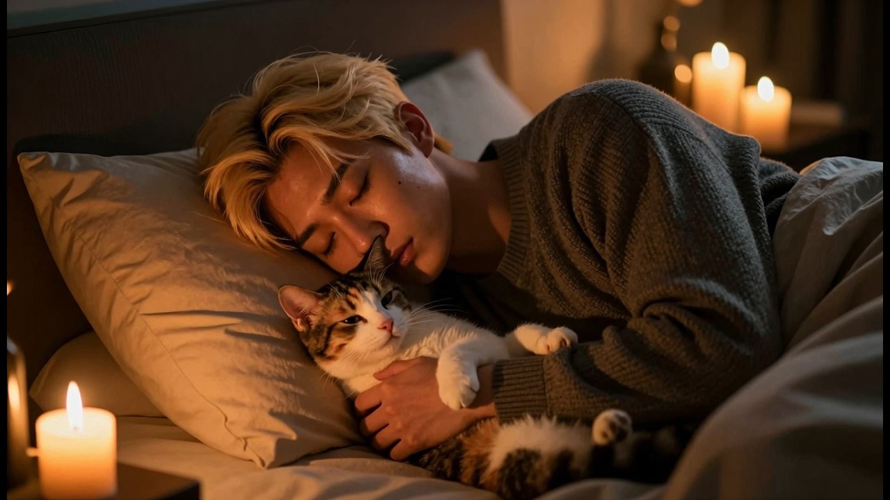 タイトル: イケメンと猫と過ごす癒やしの夜 🕯️🐱 | 心地よいキャンドル睡眠ASMR