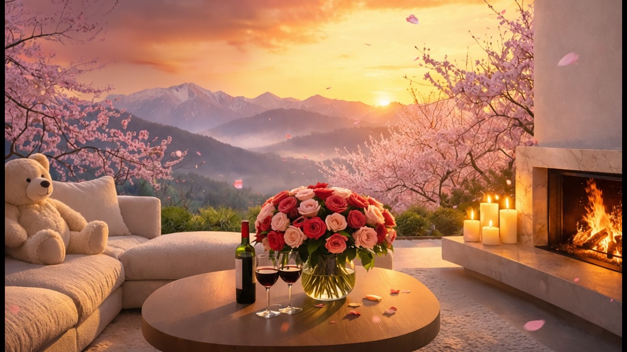 Soft Jazz by the Fireplace 🌸 Romantic Mountain Sunset | Relax, Study & Work