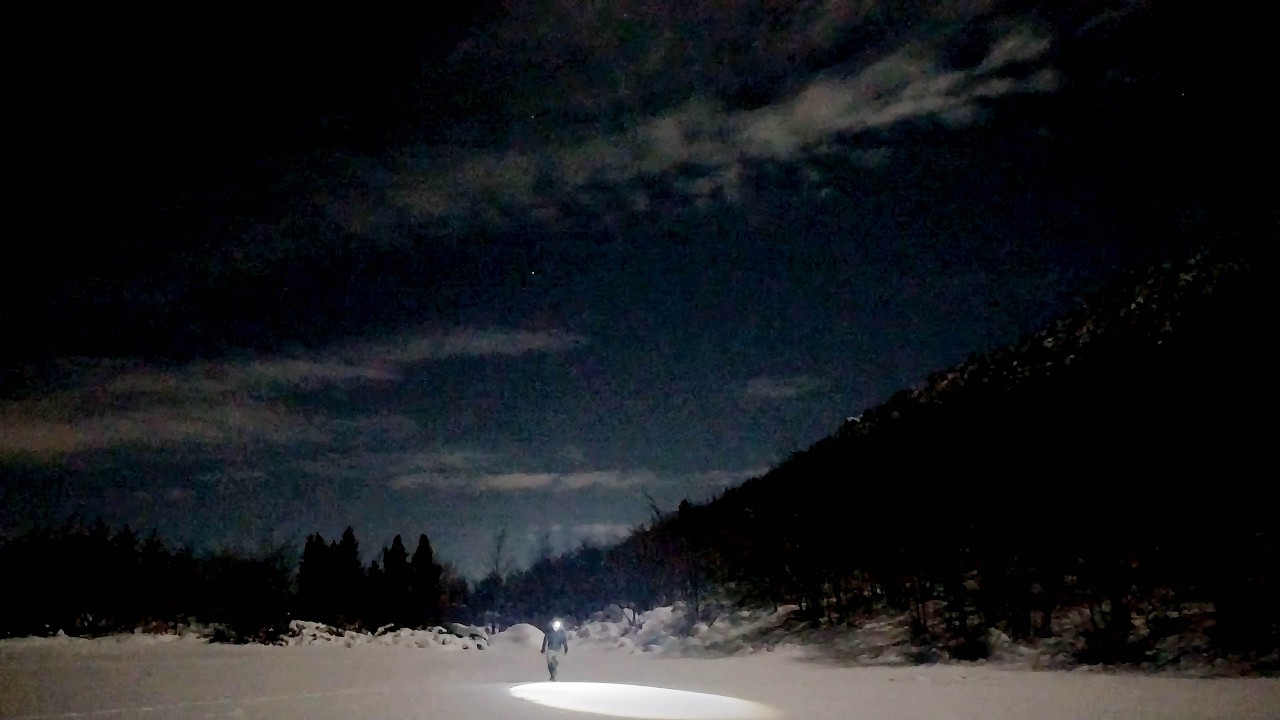 Fire Starting in the Snow, Ice Skating on a Frozen Wild Mountain Lake  in Moonlight, Heavy Snow Fall