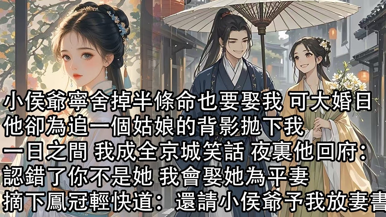 【一口氣看完】小侯爺寧舍掉半條命也要娶我 可大婚日，他卻為追一個姑娘的背影拋下我，一日之間 我成全京城笑話 夜裏他回府：認錯了你不是她 我會娶她為平妻，我摘下鳳冠輕快道：還請小侯爺予我放妻書
