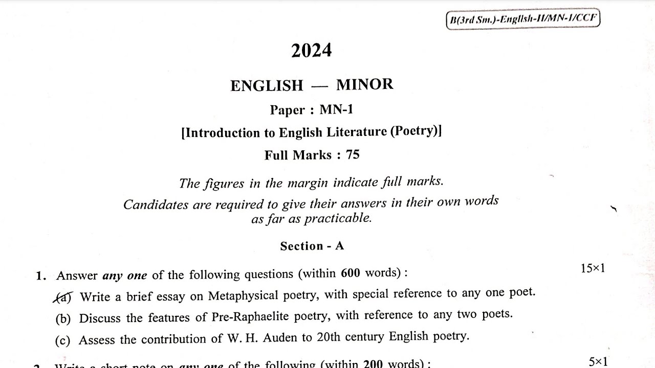 Cu 3rd Semester English Minor MN 1 (Introduction to English Literature- Poetry) 2024 Question Paper