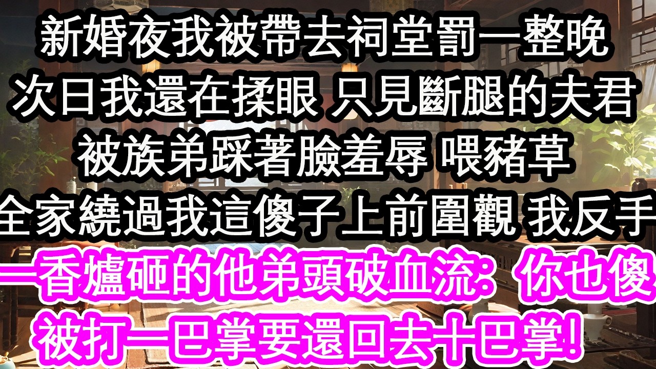 新婚夜我被帶去祠堂罰一整晚次日我還在揉眼 只見斷腿的夫君被族弟踩著臉羞辱 喂豬草全家繞過我這傻子上前圍觀 我反手一香爐砸的他弟頭破血流：你也傻娘說打一巴掌要還回去兩巴掌！【花開】【愛情】【生活】