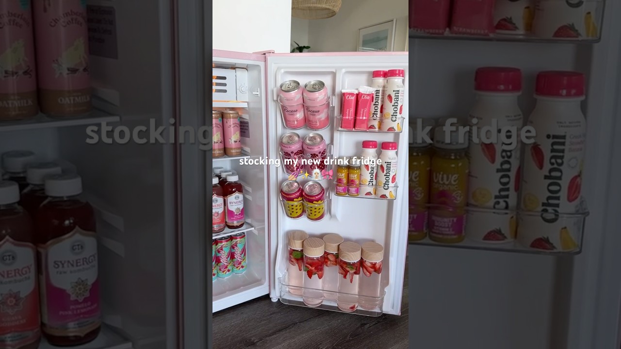 Mini fridge inspo #pink #fridgeorganizationideas #drinks #asmr #satisyfing #restock #asmrsounds